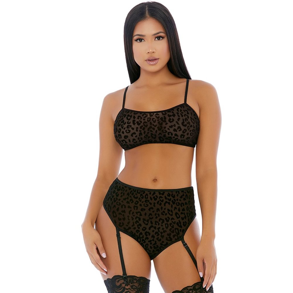 Cheetah Print Cami Bra Top and Garter Panty Set Black